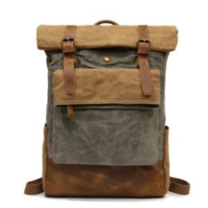 Waxed Water-Resistant Canvas Rolltop Backpack – Leather Travel School Rucksack