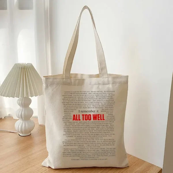 All Too Well Pattern Canvas Bag Trendy Tote Bags Taylor Music Shopping Handbag Travel Necessity Stylish Books Clutch Organizer