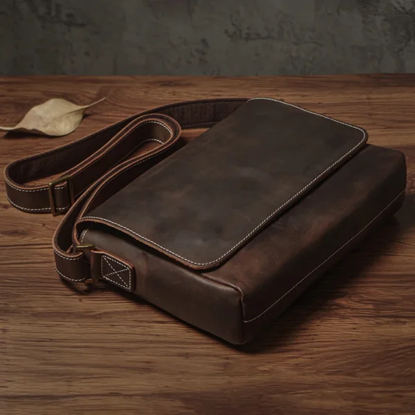 NUKA Men's Genuine Leather Shoulder Bag Retro Original Cowhide Horizontal Crossbody Deluxe Flap Messenger Bags For 11 Inch Ipad